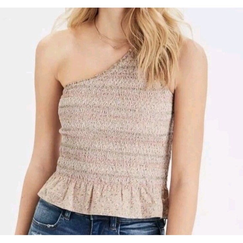 American Eagle Beige Floral Smocked One Shoulder Linen Blend Tank Top Sz XS GUC